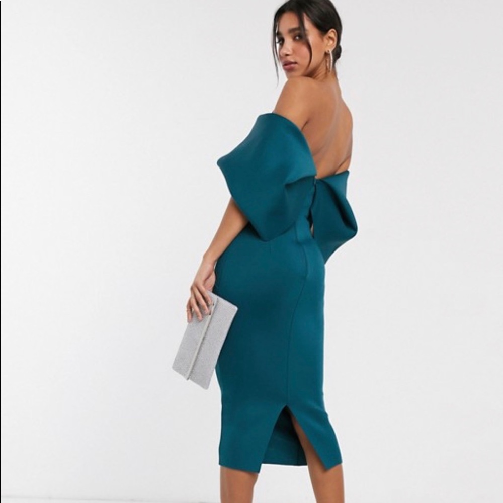 fold front bardot midi pencil dress